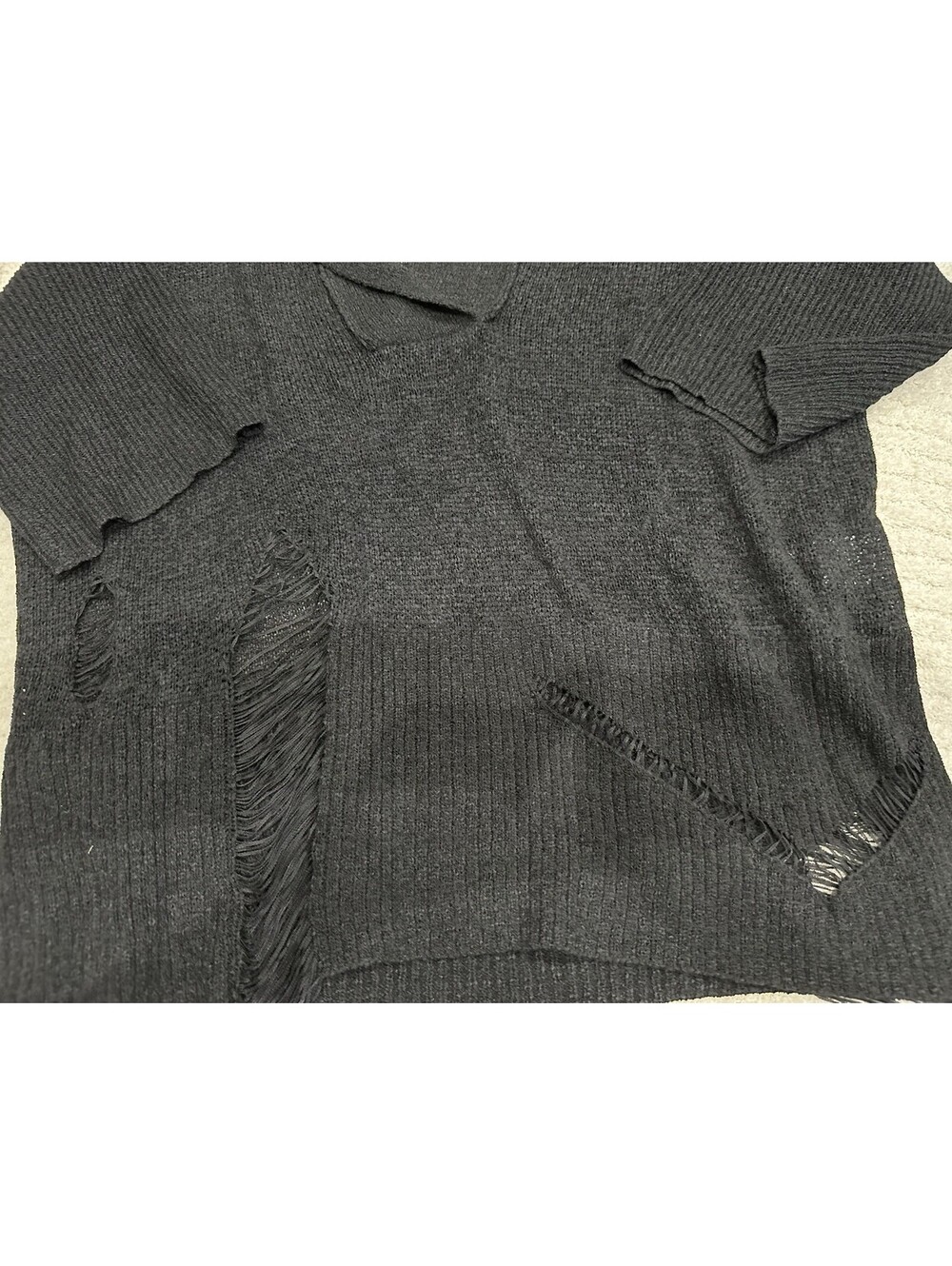 Easel Womens S Black Solid Knit Hooded V-Neck Fringe Long Sleeve Pullover - Picture 3 of 6